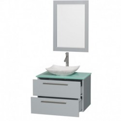 30 inch Single Bathroom Vanity in Dove Gray, Green Glass Countertop, Arista White Carrera Marble Sink, and 24 inch Mirror