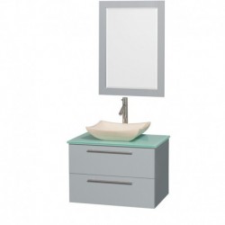 30 inch Single Bathroom Vanity in Dove Gray, Green Glass Countertop, Avalon Ivory Marble Sink, and 24 inch Mirror