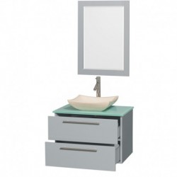 30 inch Single Bathroom Vanity in Dove Gray, Green Glass Countertop, Avalon Ivory Marble Sink, and 24 inch Mirror