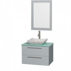 30 inch Single Bathroom Vanity in Dove Gray, Green Glass Countertop, Avalon White Carrera Marble Sink, and 24 inch Mirror