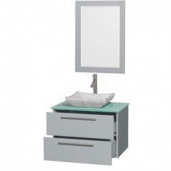 30 inch Single Bathroom Vanity in Dove Gray, Green Glass Countertop, Avalon White Carrera Marble Sink, and 24 inch Mirror