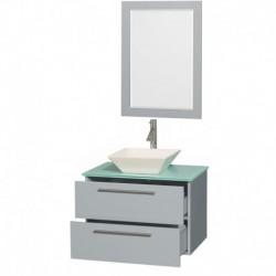 30 inch Single Bathroom Vanity in Dove Gray, Green Glass Countertop, Pyra Bone Porcelain Sink, and 24 inch Mirror