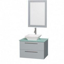30 inch Single Bathroom Vanity in Dove Gray, Green Glass Countertop, Pyra White Porcelain Sink, and 24 inch Mirror
