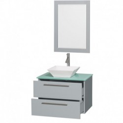 30 inch Single Bathroom Vanity in Dove Gray, Green Glass Countertop, Pyra White Porcelain Sink, and 24 inch Mirror