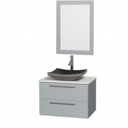 30 inch Single Bathroom Vanity in Dove Gray, White Man-Made Stone Countertop, Altair Black Granite Sink, and 24 inch Mirror