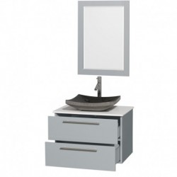 30 inch Single Bathroom Vanity in Dove Gray, White Man-Made Stone Countertop, Altair Black Granite Sink, and 24 inch Mirror