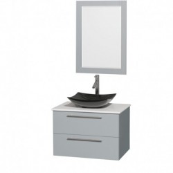 30 inch Single Bathroom Vanity in Dove Gray, White Man-Made Stone Countertop, Arista Black Granite Sink, and 24 inch Mirror