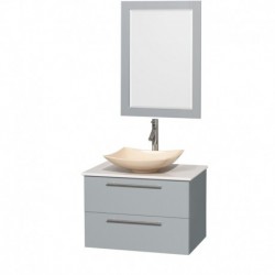 30 inch Single Bathroom Vanity in Dove Gray, White Man-Made Stone Countertop, Arista Ivory Marble Sink, and 24 inch Mirror