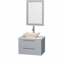 30 inch Single Bathroom Vanity in Dove Gray, White Man-Made Stone Countertop, Avalon Ivory Marble Sink, and 24 inch Mirror