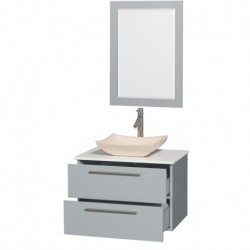 30 inch Single Bathroom Vanity in Dove Gray, White Man-Made Stone Countertop, Avalon Ivory Marble Sink, and 24 inch Mirror