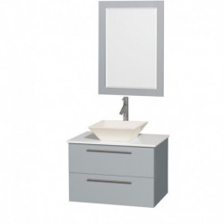 30 inch Single Bathroom Vanity in Dove Gray, White Man-Made Stone Countertop, Pyra Bone Porcelain Sink, and 24 inch Mirror