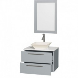 30 inch Single Bathroom Vanity in Dove Gray, White Man-Made Stone Countertop, Pyra Bone Porcelain Sink, and 24 inch Mirror