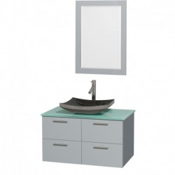 36 inch Single Bathroom Vanity in Dove Gray, Green Glass Countertop, Altair Black Granite Sink, and 24 inch Mirror