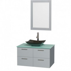 36 inch Single Bathroom Vanity in Dove Gray, Green Glass Countertop, Arista Black Granite Sink, and 24 inch Mirror
