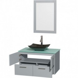36 inch Single Bathroom Vanity in Dove Gray, Green Glass Countertop, Arista Black Granite Sink, and 24 inch Mirror