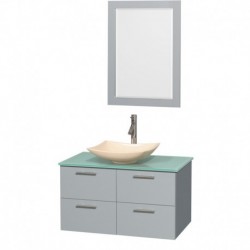 36 inch Single Bathroom Vanity in Dove Gray, Green Glass Countertop, Arista Ivory Marble Sink, and 24 inch Mirror