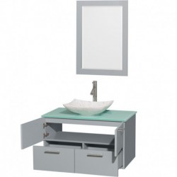 36 inch Single Bathroom Vanity in Dove Gray, Green Glass Countertop, Arista White Carrera Marble Sink, and 24 inch Mirror
