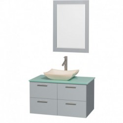36 inch Single Bathroom Vanity in Dove Gray, Green Glass Countertop, Avalon Ivory Marble Sink, and 24 inch Mirror