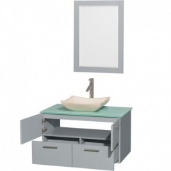 36 inch Single Bathroom Vanity in Dove Gray, Green Glass Countertop, Avalon Ivory Marble Sink, and 24 inch Mirror