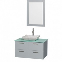 36 inch Single Bathroom Vanity in Dove Gray, Green Glass Countertop, Avalon White Carrera Marble Sink, and 24 inch Mirror