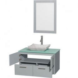 36 inch Single Bathroom Vanity in Dove Gray, Green Glass Countertop, Avalon White Carrera Marble Sink, and 24 inch Mirror