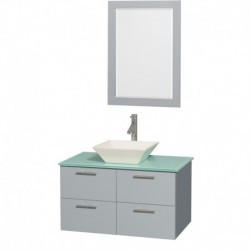36 inch Single Bathroom Vanity in Dove Gray, Green Glass Countertop, Pyra Bone Porcelain Sink, and 24 inch Mirror