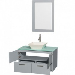 36 inch Single Bathroom Vanity in Dove Gray, Green Glass Countertop, Pyra Bone Porcelain Sink, and 24 inch Mirror