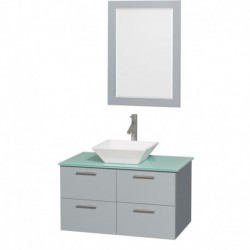 36 inch Single Bathroom Vanity in Dove Gray, Green Glass Countertop, Pyra White Porcelain Sink, and 24 inch Mirror