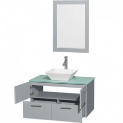 36 inch Single Bathroom Vanity in Dove Gray, Green Glass Countertop, Pyra White Porcelain Sink, and 24 inch Mirror