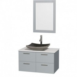 36 inch Single Bathroom Vanity in Dove Gray, White Man-Made Stone Countertop, Altair Black Granite Sink, and 24 inch Mirror