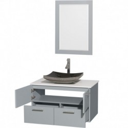 36 inch Single Bathroom Vanity in Dove Gray, White Man-Made Stone Countertop, Altair Black Granite Sink, and 24 inch Mirror
