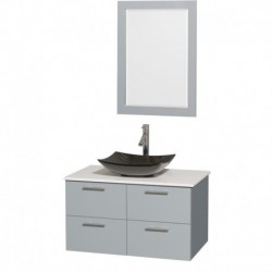 36 inch Single Bathroom Vanity in Dove Gray, White Man-Made Stone Countertop, Arista Black Granite Sink, and 24 inch Mirror