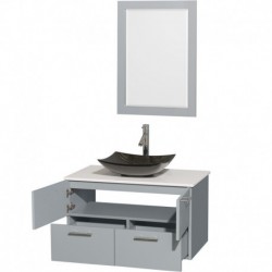 36 inch Single Bathroom Vanity in Dove Gray, White Man-Made Stone Countertop, Arista Black Granite Sink, and 24 inch Mirror