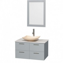 36 inch Single Bathroom Vanity in Dove Gray, White Man-Made Stone Countertop, Arista Ivory Marble Sink, and 24 inch Mirror