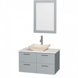 36 inch Single Bathroom Vanity in Dove Gray, White Man-Made Stone Countertop, Avalon Ivory Marble Sink, and 24 inch Mirror