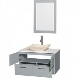 36 inch Single Bathroom Vanity in Dove Gray, White Man-Made Stone Countertop, Avalon Ivory Marble Sink, and 24 inch Mirror