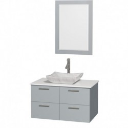 36 inch Single Bathroom Vanity in Dove Gray, White Man-Made Stone Countertop, Avalon White Carrera Marble Sink, and 24 inch Mir