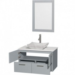 36 inch Single Bathroom Vanity in Dove Gray, White Man-Made Stone Countertop, Avalon White Carrera Marble Sink, and 24 inch Mir