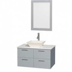 36 inch Single Bathroom Vanity in Dove Gray, White Man-Made Stone Countertop, Pyra Bone Porcelain Sink, and 24 inch Mirror