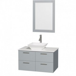 36 inch Single Bathroom Vanity in Dove Gray, White Man-Made Stone Countertop, Pyra White Porcelain Sink, and 24 inch Mirror