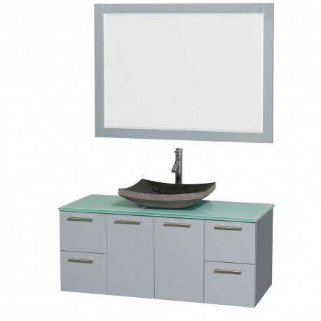 48 inch Single Bathroom Vanity in Dove Gray, Green Glass Countertop, Altair Black Granite Sink, and 46 inch Mirror