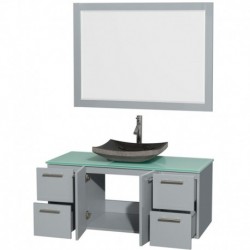 48 inch Single Bathroom Vanity in Dove Gray, Green Glass Countertop, Altair Black Granite Sink, and 46 inch Mirror