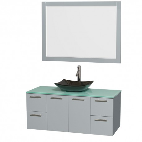 48 inch Single Bathroom Vanity in Dove Gray, Green Glass Countertop, Arista Black Granite Sink, and 46 inch Mirror