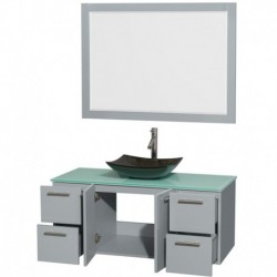 48 inch Single Bathroom Vanity in Dove Gray, Green Glass Countertop, Arista Black Granite Sink, and 46 inch Mirror