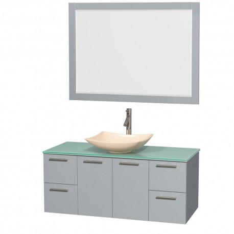 48 inch Single Bathroom Vanity in Dove Gray, Green Glass Countertop, Arista Ivory Marble Sink, and 46 inch Mirror