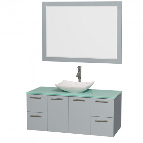 48 inch Single Bathroom Vanity in Dove Gray, Green Glass Countertop, Arista White Carrera Marble Sink, and 46 inch Mirror