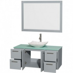 48 inch Single Bathroom Vanity in Dove Gray, Green Glass Countertop, Arista White Carrera Marble Sink, and 46 inch Mirror