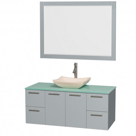 48 inch Single Bathroom Vanity in Dove Gray, Green Glass Countertop, Avalon Ivory Marble Sink, and 46 inch Mirror
