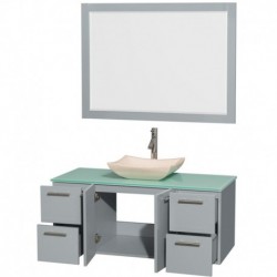 48 inch Single Bathroom Vanity in Dove Gray, Green Glass Countertop, Avalon Ivory Marble Sink, and 46 inch Mirror