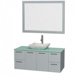 48 inch Single Bathroom Vanity in Dove Gray, Green Glass Countertop, Avalon White Carrera Marble Sink, and 46 inch Mirror